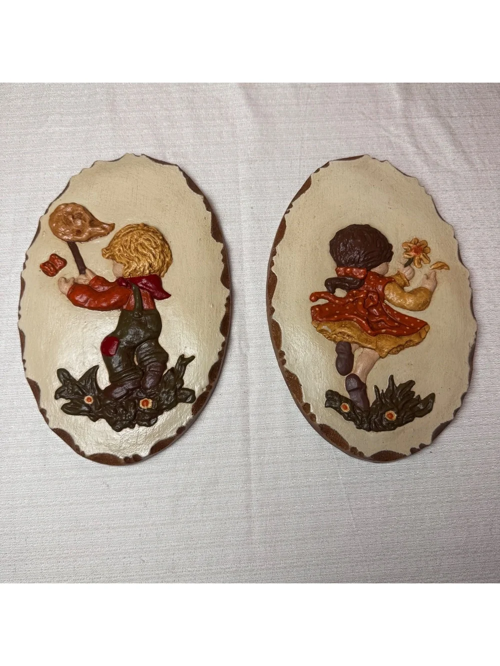 Vintage Plaster Wall Plaques Children Boy Girl Set 6x10 Cottagecore Nursery